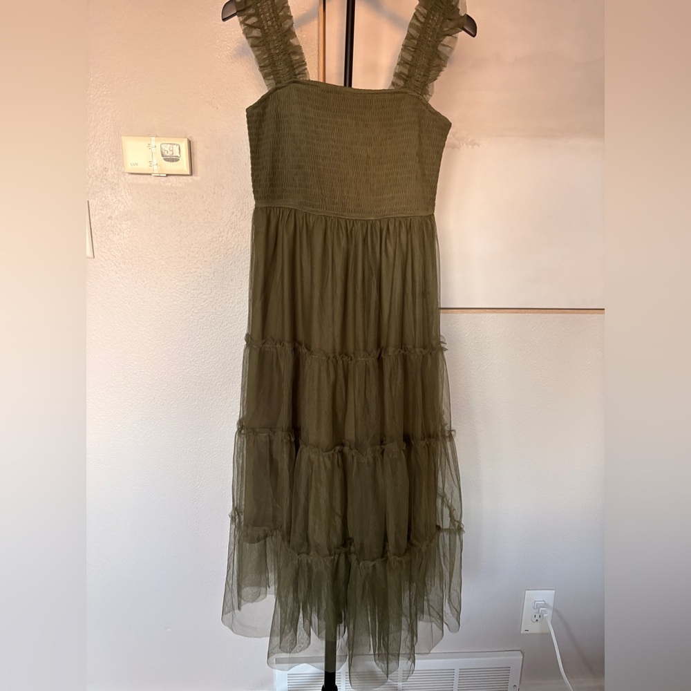 Charming Olive Green Tiered Kids Dress